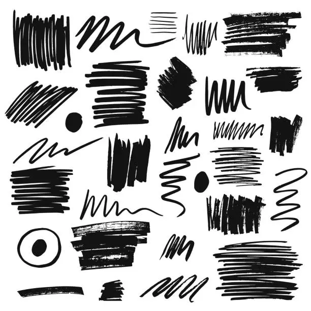 Vector illustration of Collection of hand drawn brush paints, scribbles, marker elements. Vector isolated illustration.