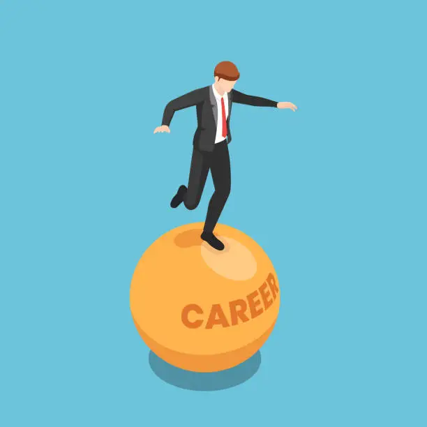 Vector illustration of Isometric businessman stand and balancing on unstable career ball