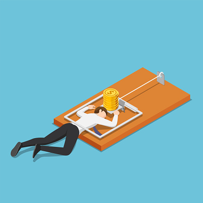 Flat 3d isometric businessman trapped into mousetrap because of the money. Business trap and failure concept.