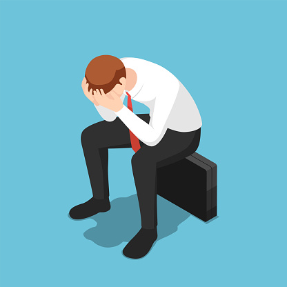 Isometric depressed businessman facepalm or cover his face by hands sit on business briefcase