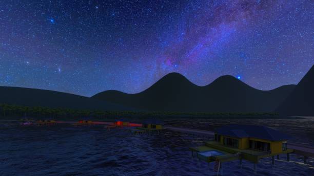 Bungalow resort on island, French Polynesia 3d rendering