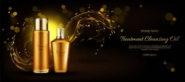 istock Cosmetics oil bottles mockup cleansing treatment 1207958449