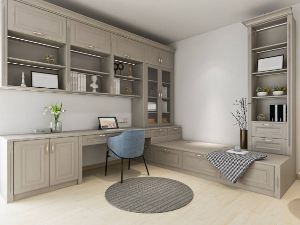 istock 3d rendering, spacious modern residential study design with laptop, desk, chair, suitable for business office 1207958578
