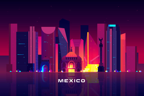Mexico city skyline, neon lighting Night cityscape Mexico city skyline, neon illumination. Night cityscape architecture background, modern megapolis, glowing skyscrapers and famous angel landmark monument near waterfront Cartoon vector illustration mexico poland stock illustrations