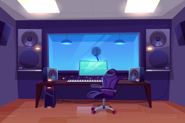 Modern audio recording studio interior vector Record producer or audio engineer workplace, recording studio control room interior cartoon vector with armchair near mixing console, loudspeakers, live room with microphone under glass illustration recording studio illustrations stock illustrations