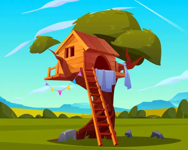 Vector illustration of Wooden house on tree, empty children playground