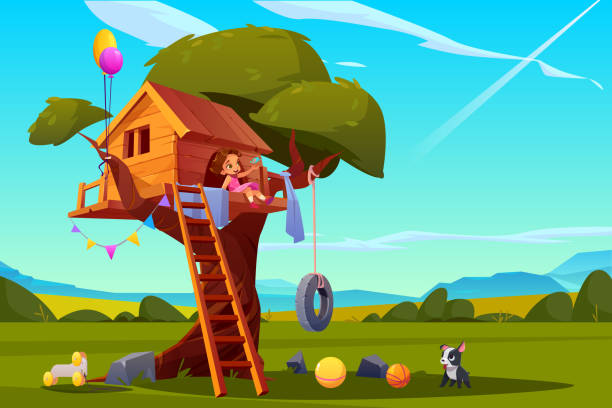 dziecko na domku na drzewie, dziewczyna bawi się na placu zabaw - dog education school cartoon stock illustrations