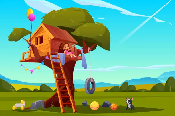 Vector illustration of Child on tree house, girl playing on playground