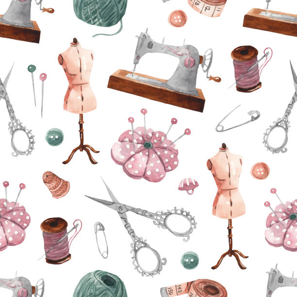 ilustrações de stock, clip art, desenhos animados e ícones de seamless sewing pattern. sewing machine, scissors, thread, reel, pins, needles, buttons - thread tailor art sewing