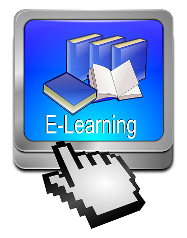 blue e-learning button with cursor - 3D illustration