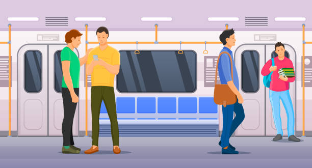 People sitting and standing inside subway transport metro. People standing inside subway transport metro. Men, women, older people and children in public transport. Passenger train with carriage interior, train travel inside cartoon vector bus livery stock illustrations