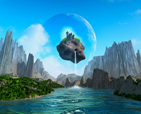 fantasy landscape, big floating Stone with medieval castle, mountains and River, Sky with clouds and Planet, 3d illustration