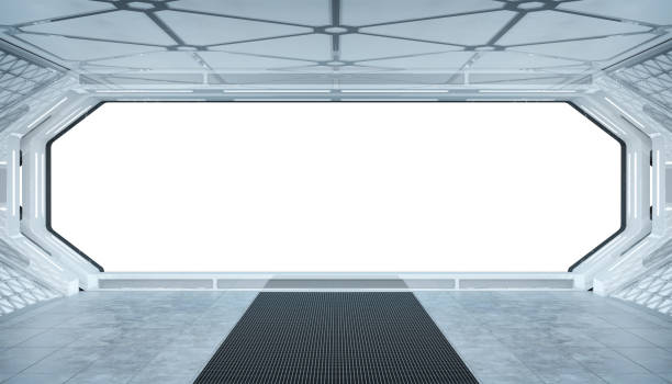 White blue spaceship futuristic interior mockup with window view isolated 3d rendering