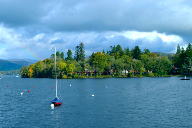 Bowness-on-Windermere, Cumbria, England, UK - October 12, 2019 : A view of Lake Windermere from Bowness-on-Windermere a tourist town in Cumbria