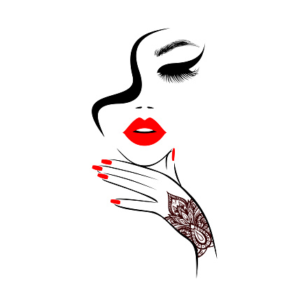 Beautiful sexy face, red lips, hand with red manicure nails and mandala, fashion woman, nails studio, curly hairstyle, hair salon sign, icon. Beauty Logo. Vector illustration. Hand drawing style.