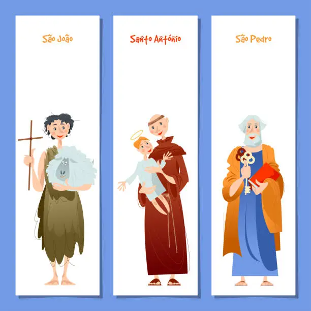 Vector illustration of Set of 3 universal greeting cards and bookmarks with Saint Anthony, Saint John, Saint Peter (St. Anthony, St. John, St. Peter). Template, template.
