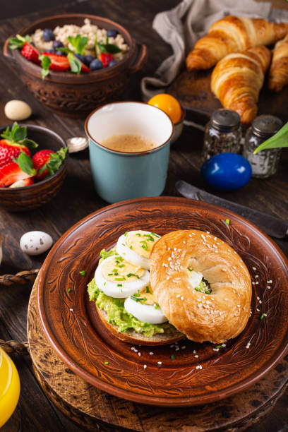 istock Healthy freshly baked bagel filled with eggs 1207975362