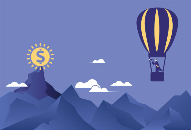 Looking for wealth with a telescope in a hot air balloon stock illustration Dollar Sign,Buying,Coin,Balloon,Hot Air Balloon, Binoculars, Telescope, Currency, Wealth, Vector, illustration, currency chasing discovery making money stock illustrations