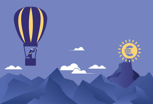 Looking for Euros with a telescope on a hot air balloon stock illustration Balloon,Hot Air Balloon,Euro Symbol, Binoculars, Telescope, Currency, Wealth, Vector, illustration, currency chasing discovery making money stock illustrations