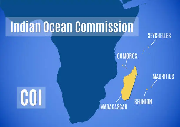 Vector illustration of Schematic vector map of the Indian Ocean Commission (COI).