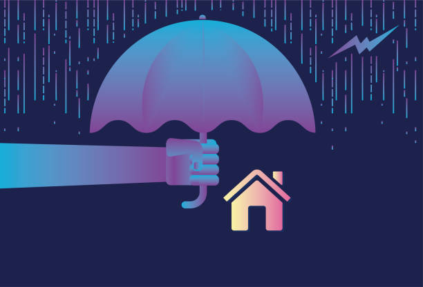 Protect the house with an umbrella stock illustration Lightning, Rain,House,Residential Building,Insurance,Umbrella,Home Insurance,Protection,Real Estate,Hailstone,Rain, lightning storm natural disaster cloud stock illustrations