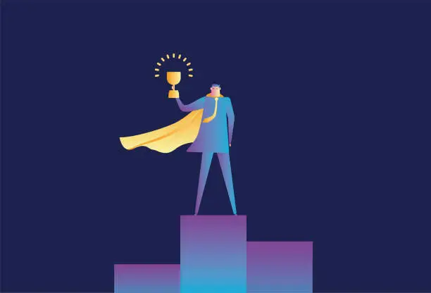 Vector illustration of Superman standing on the podium holding a trophy stock illustration