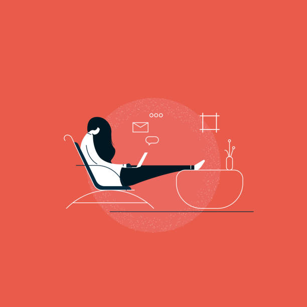 ilustrações de stock, clip art, desenhos animados e ícones de young woman in home clothes sitting on the chair and using laptop in living room vector flat illustration. girls working on laptop at home. freelance, self employed, freedom - interior designer