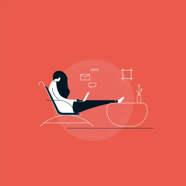 Vector illustration of Young woman in home clothes sitting on the chair and using laptop in living room vector flat illustration. Girls working on laptop at home. Freelance, self employed, freedom