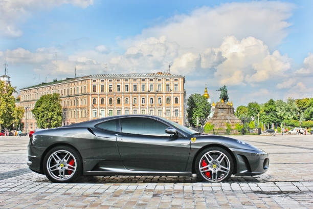 Ferrari F430 in gray on the background of buildings stock photo