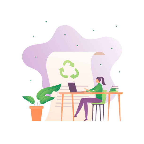 Ecology business concept. Vector flat people illustration. Female sitting at table and laptop on document background with recycle sign. Design element for banner, poster, background, web, infographic. Ecology business concept. Vector flat people illustration. Female sitting at table and laptop on document background with recycle sign. Design element for banner, poster, background, web, infographic. sustainable lifestyle illustrations stock illustrations
