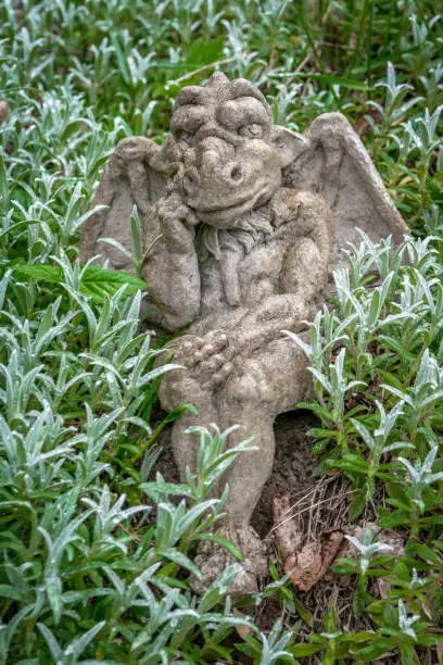 Garden decoration - a stone gargoyle figure sitting in a bed of green plants