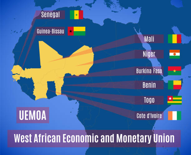 ilustrações, clipart, desenhos animados e ícones de mapear e sinalizar membros do país da união econômica e monetária da áfrica ocidental (uemoa) - unidade monetária