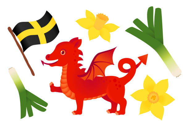 illustrazioni stock, clip art, cartoni animati e icone di tendenza di icona del giorno di san david con drago gallese - welsh flag immagine