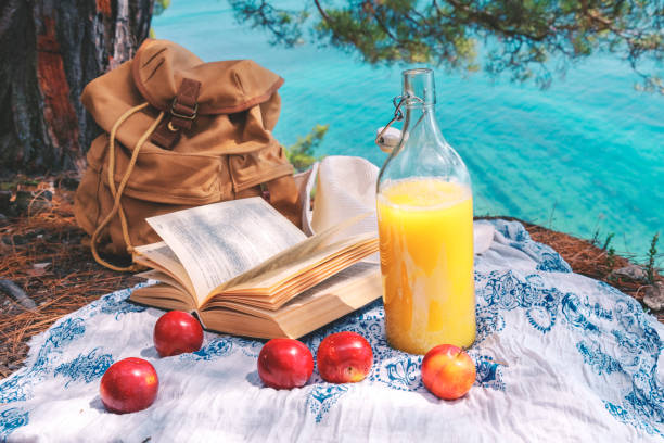 Breakfast on the high seashore. Beautiful landscape.