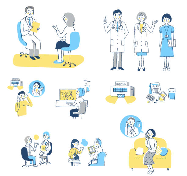 ilustrações de stock, clip art, desenhos animados e ícones de set of various scenes of patients consulting with medical institutions - biomedical illustration