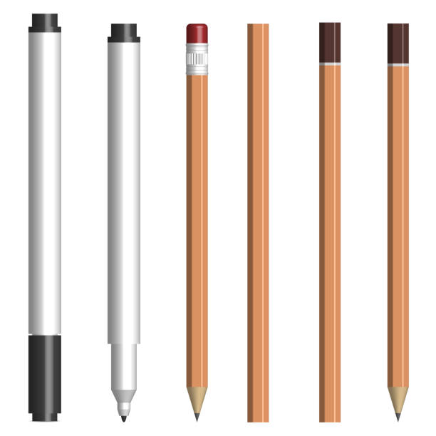 Set of text markers and pencils , vector illustration. Set of different text markers and pencils, with and without a cup. Isolated on white background, vector illustration. permanent marker stock illustrations