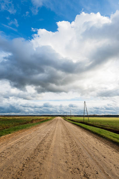 istock Storm clouds above the empty dirt road. Agricultural fields and forest in the background. Warm evening sunlight. Baltic sea, Garciems, Latvia 1207997034