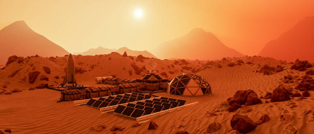 un puesto avanzado en el planeta rojo marte (renderizado en 3d) - mars fotografías e imágenes de stock