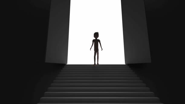 istock The man cartoon polygon style is stand silhouette with door by 3d rendering. 1207997741