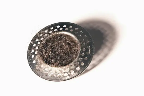 Photo of clogged strainer with hairs on white background.