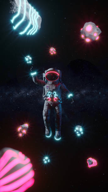 istock Astronaut With Neon Lights Asteroids In Space 1208004206