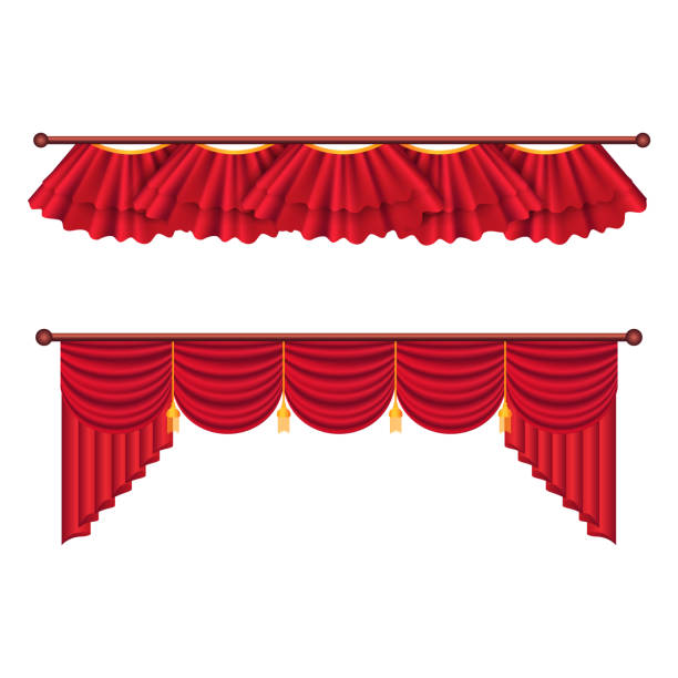 Red Curtains Set. Luxury Silk Curtain Illustration Red Curtains Set. Two theater curtains illustration isolated on white background. Luxury scarlet curtains and draperies. Theatre, banquet and concert hall decorations. Isolated vector illustration. curtain rail stock illustrations