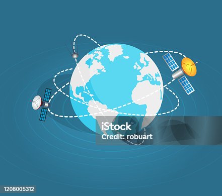 istock Two Artificial Earth Satellites Around Planet 1208005312