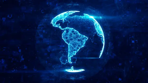 Photo of Digital globe made of plexus bright glowing lines. Detailed virtual planet earth. Technology structure of connected lines, dots and particles forming world. South america continent. 3d rendering