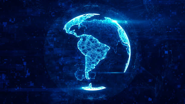 digital globe made of plexus bright glowing lines. detailed virtual planet earth. technology structure of connected lines, dots and particles forming world. south america continent. 3d rendering - neotropical imagens e fotografias de stock