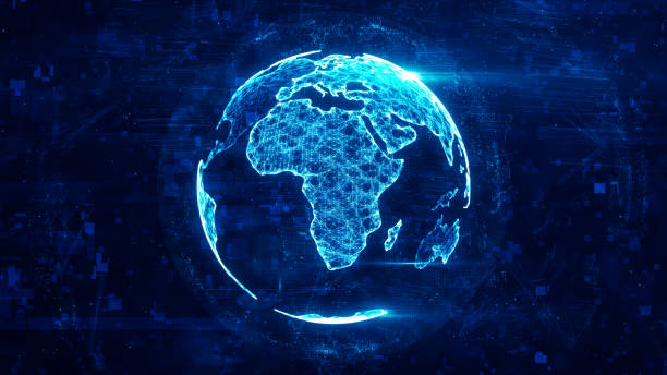 istock Digital globe made of plexus bright glowing lines. Detailed virtual planet earth. Technology structure of connected lines, dots and particles forming world. Africa continent. 3d rendering 1208006354