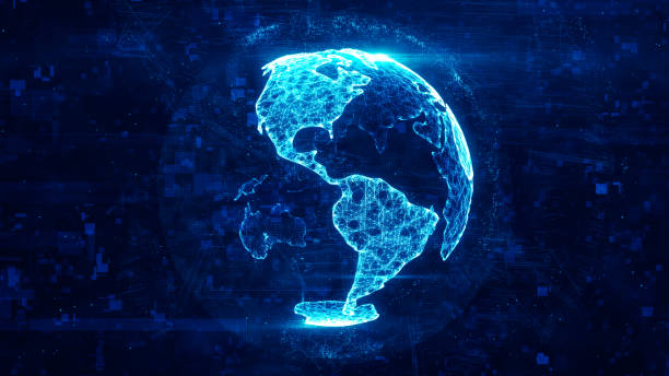 istock Digital globe made of plexus bright glowing lines. Detailed virtual planet earth. Technology structure of connected lines, dots and particles forming world. North and South America. 3d rendering 1208006360