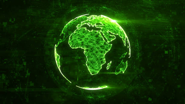istock Digital globe made of plexus bright glowing lines. Detailed virtual planet earth. Technology structure of connected lines, dots and particles forming world. Africa continent. 3d rendering 1208006402