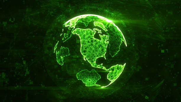 istock Digital globe made of plexus bright glowing lines. Detailed virtual planet earth. Technology structure of connected lines, dots and particles forming world. North america continent. 3d rendering 1208006403