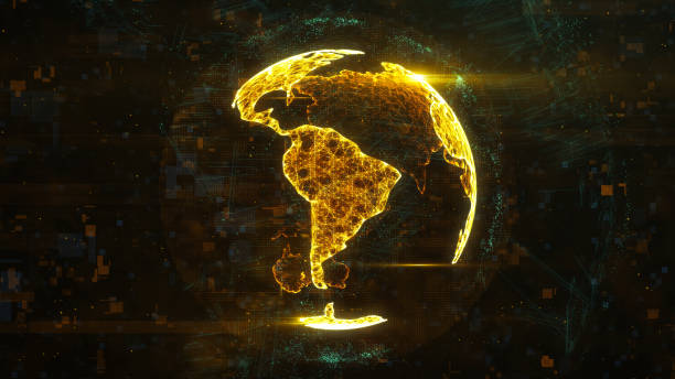 istock Digital globe made of plexus bright glowing lines. Detailed virtual planet earth. Technology structure of connected lines, dots and particles forming world. South america continent. 3d rendering 1208006427
